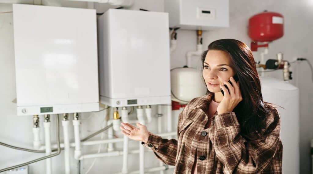 Young woman holding smartphone by ear while calling repairman